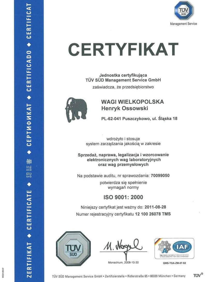 nowy certyfikat ISO 9001 wagi wielkopolska