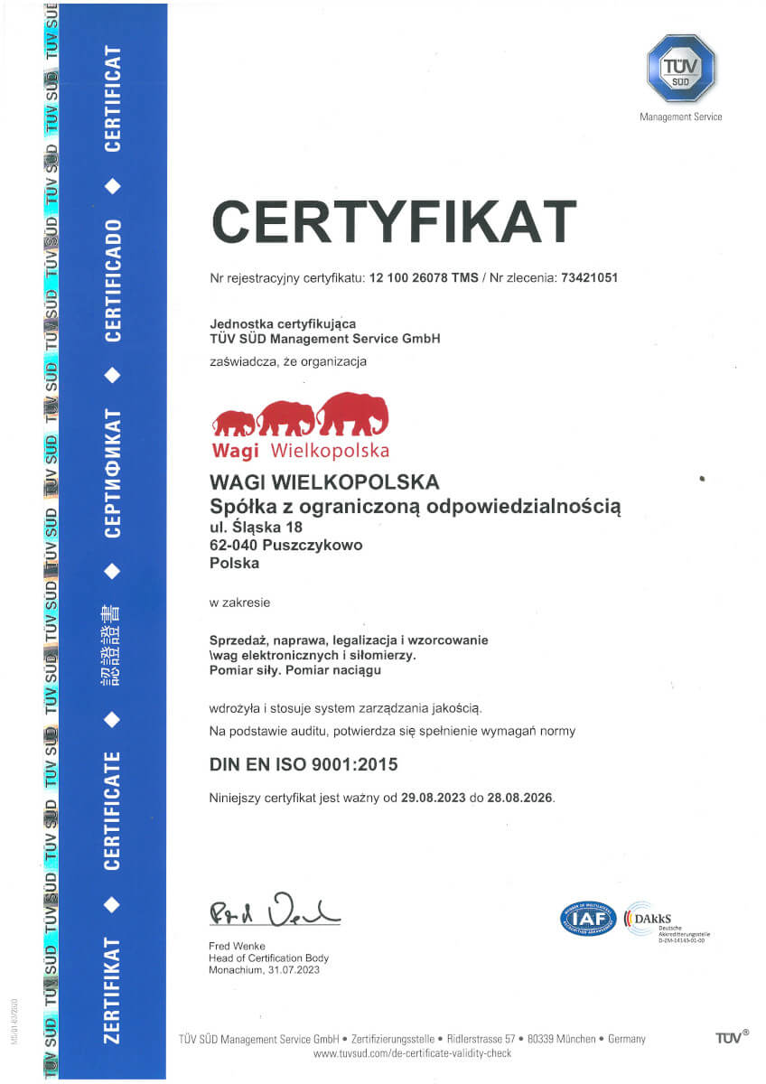 Certyfikat ISO 9001:2015 firmy Wagi Wielkopolska 
